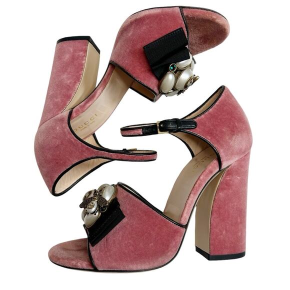 GUCCI Tibet Velvet Pearl Bee GG Embellished Heeled Sandals - Picture 8 of 12